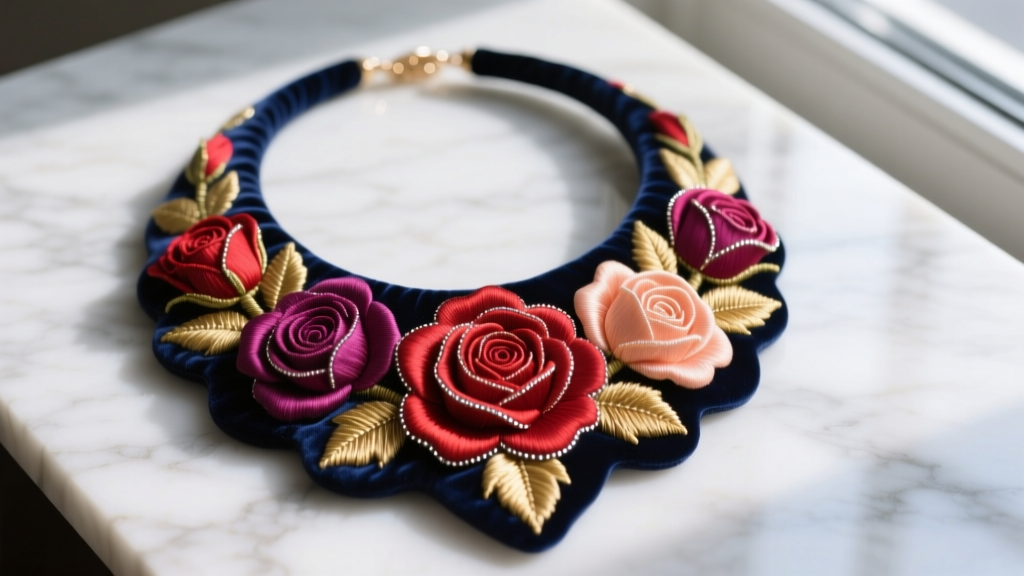 Overhead view of a floral embroidery necklace with vibrant silk thread roses on a dark velvet base, resting on a marble surface