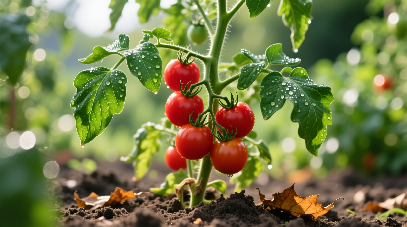 Healthy tomato plant with vibrant green leaves and red fruit