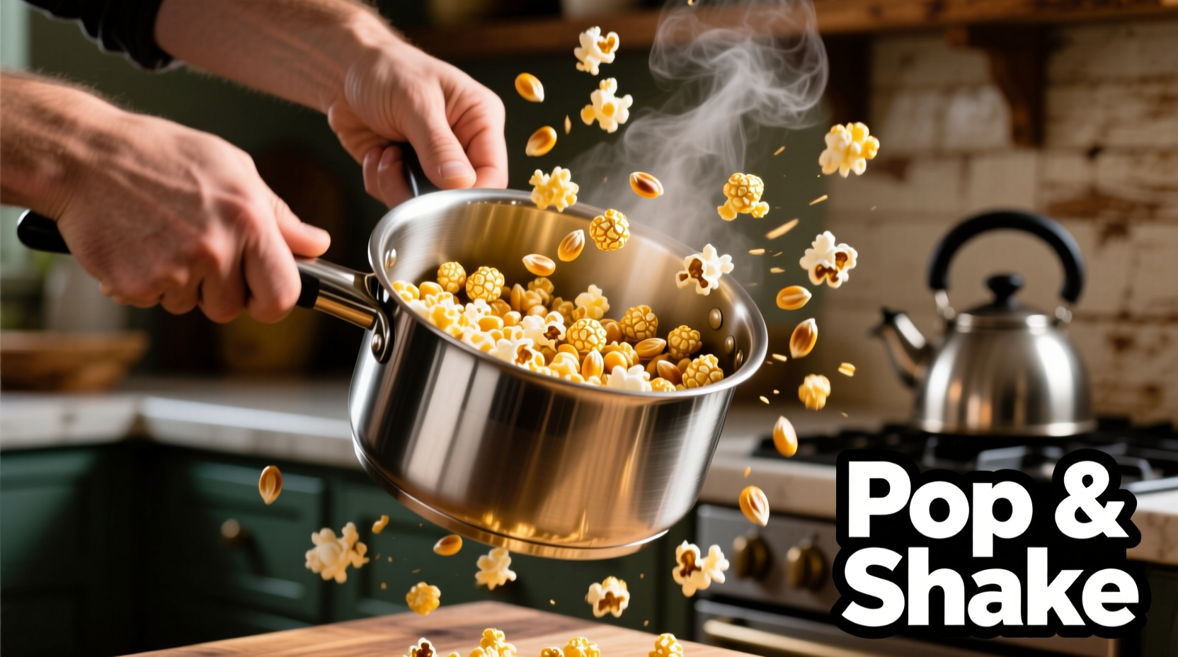 Hands shaking a stainless steel pot with popcorn kernels
