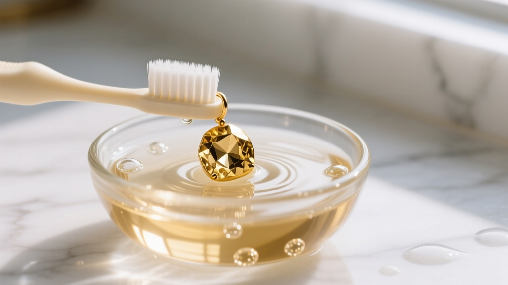 A soft-bristled baby toothbrush gently scrubbing a gold nugget earring submerged in a small glass bowl of warm, soapy water.