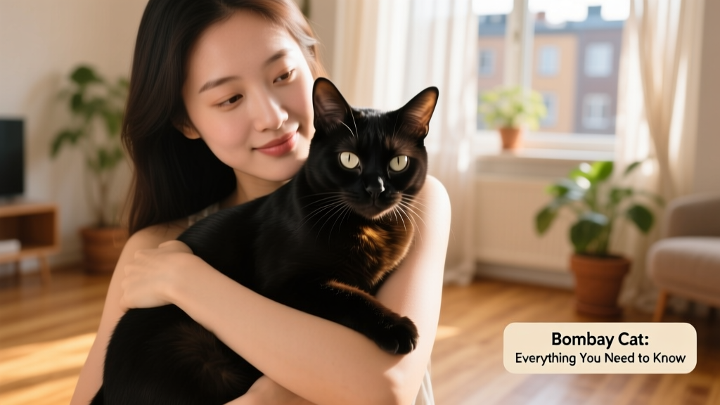 A person gently holding a relaxed black Bombay cat in their arms, showcasing its glossy coat and calm expression