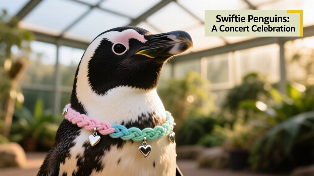 Close-up of a penguin wearing a woven friendship bracelet with pastel colors and tiny heart charms