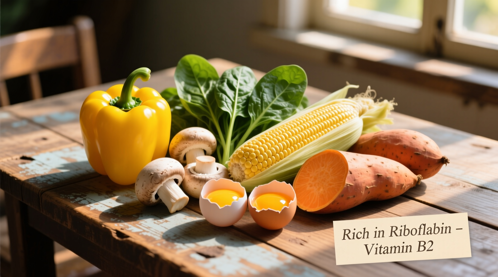 Colorful assortment of riboflavin-rich foods on wooden table