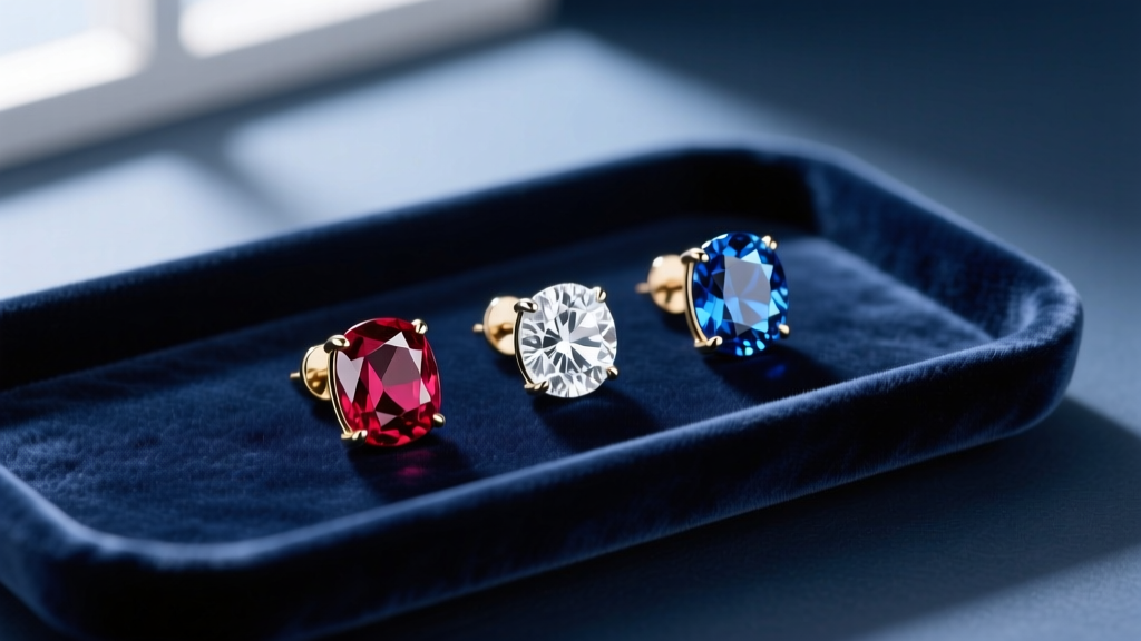 Flat lay of red ruby, white diamond, and blue sapphire stud earrings on navy velvet tray with soft natural window lighting
