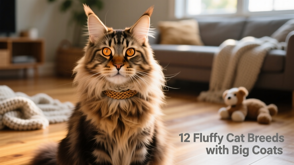 A close-up of a Maine Coon cat sitting calmly, showcasing its shaggy, tufted ears and thick, flowing coat