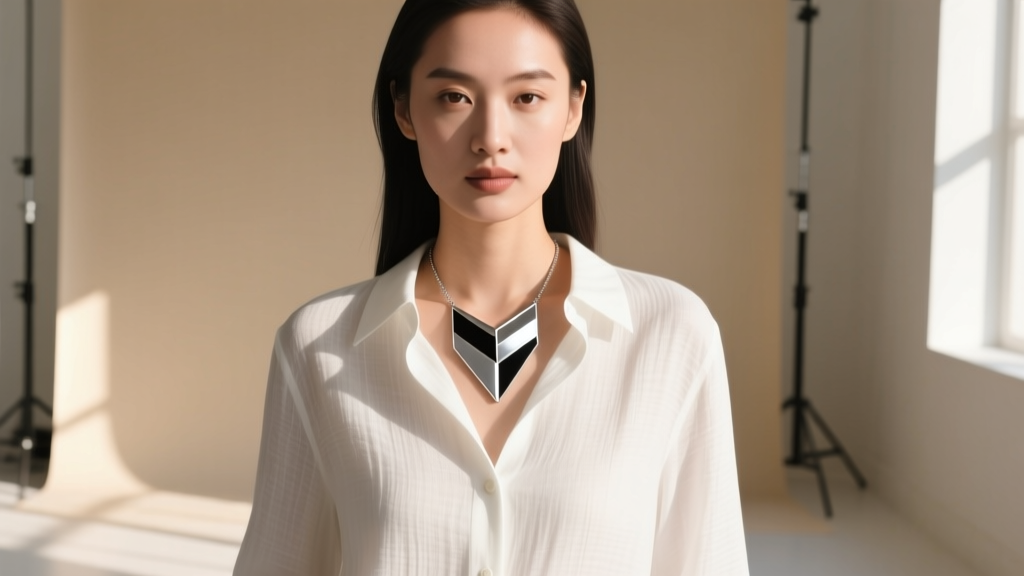 Woman wearing a designer inspired geometric pendant necklace over a white linen button-down shirt in bright soft natural daylight.