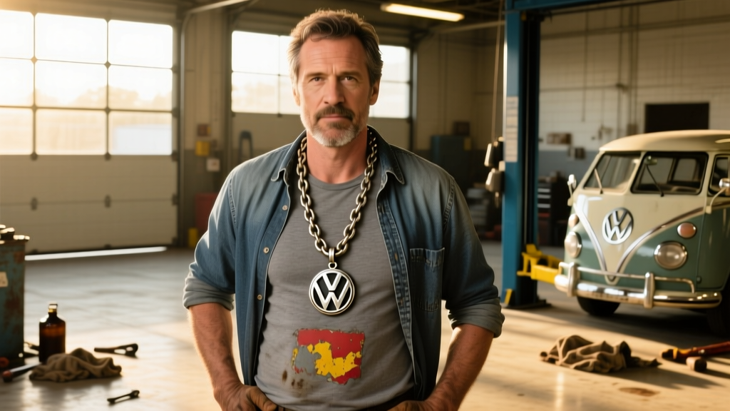 A male mechanic wearing a 20-inch rope chain with a 25mm vintage Volkswagen bus pendant over a grey t-shirt in a sunlit garage.