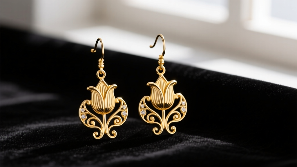 Close-up of 22k gold vermeil sterling silver Turkish filigree drop earrings featuring Ottoman tulip motifs resting on dark velvet.