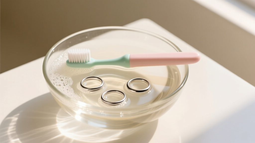 Overhead shot of a glass bowl containing warm soapy water, a soft baby toothbrush, and three shining sterling silver wire rings.