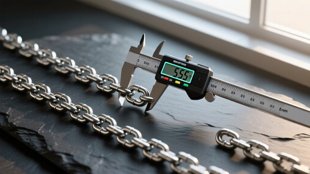 Flat lay of three steel chains in 2mm, 5mm, and 8mm widths on dark slate, with a digital caliper measuring the 5mm chain link.