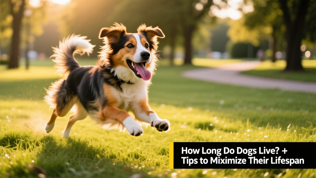 Happy mixed-breed dog playing fetch in a grassy park, full of energy and vitality