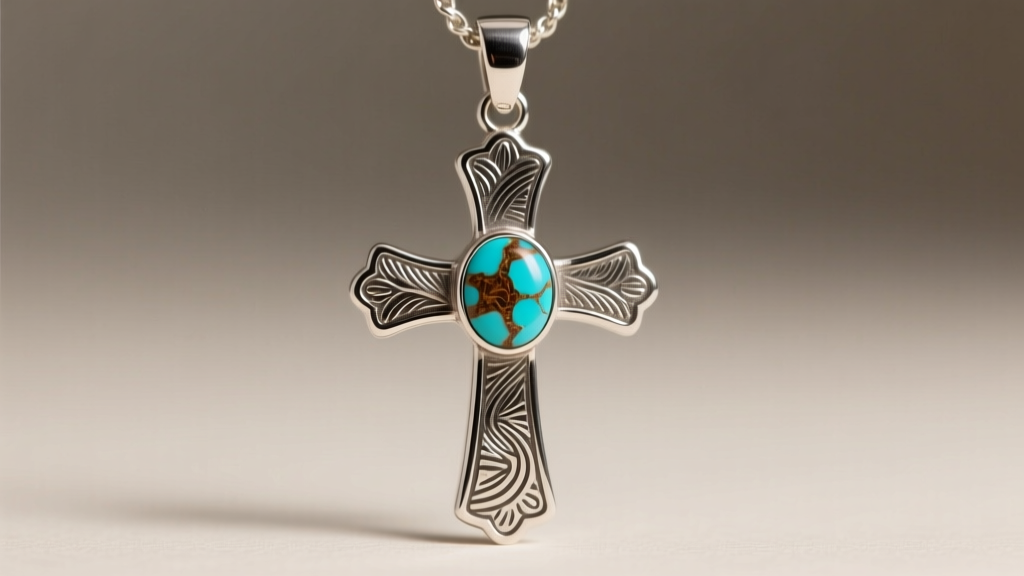 Macro shot of a textured silver cross pendant with intricate stamp work and a central Kingman turquoise cabochon with brown matrix