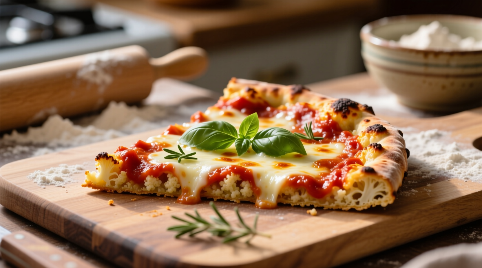 Homemade cauliflower pizza crust with tomato sauce and cheese