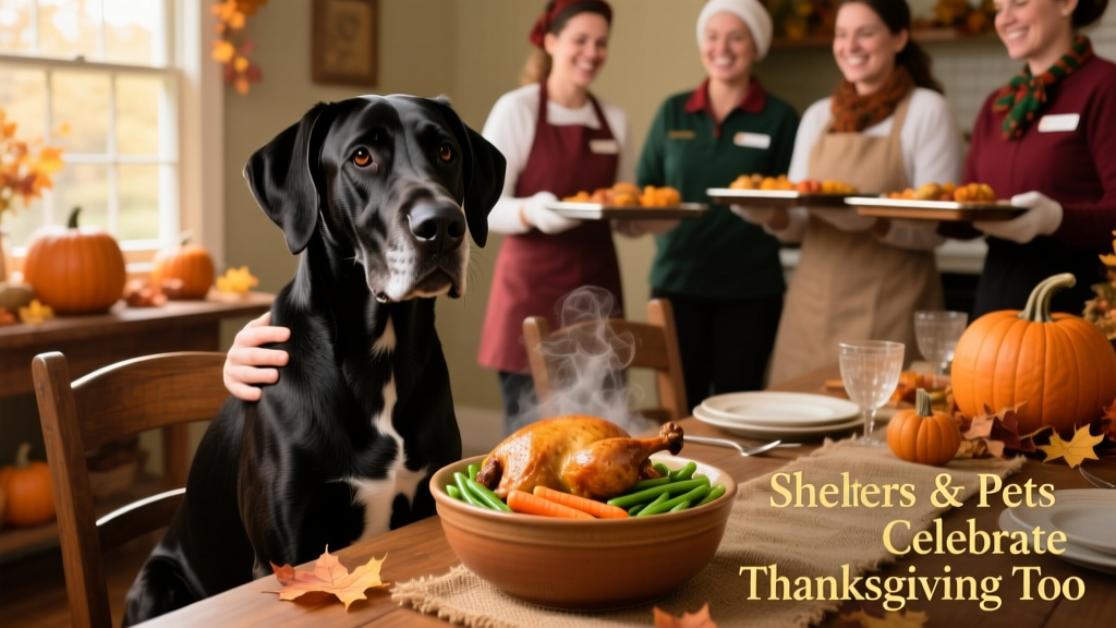 A joyful Great Dane sitting at a decorated table with a bowl of turkey and vegetables, surrounded by smiling shelter staff