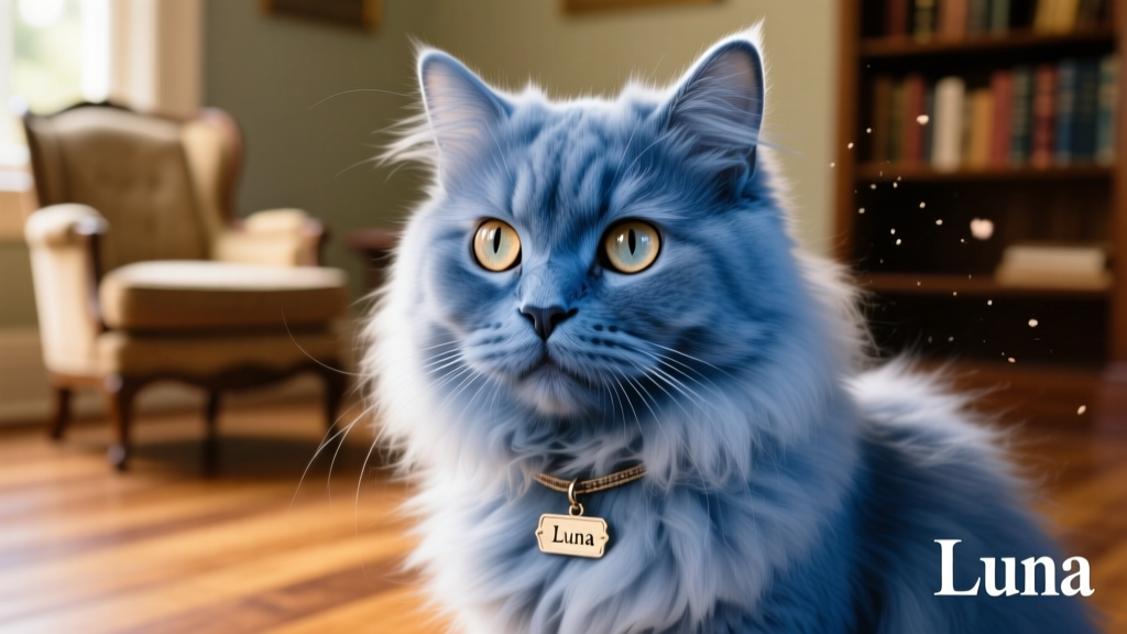 A close-up portrait of a blue Persian cat with expressive eyes, silky fur, and a calm demeanor