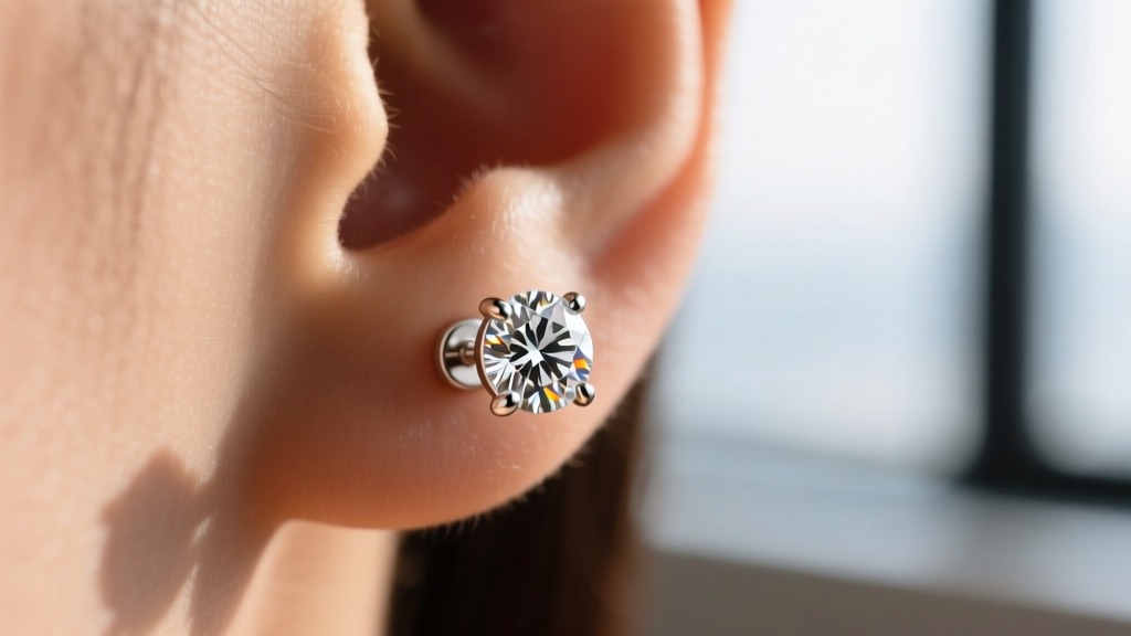 Macro shot of a 6mm bezel-set diamond tragus stud earring in 14k white gold sparkling against skin with shallow depth of field