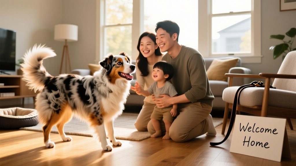 Happy Australian Shepherd greeting a new family in a cozy living room, tail wagging