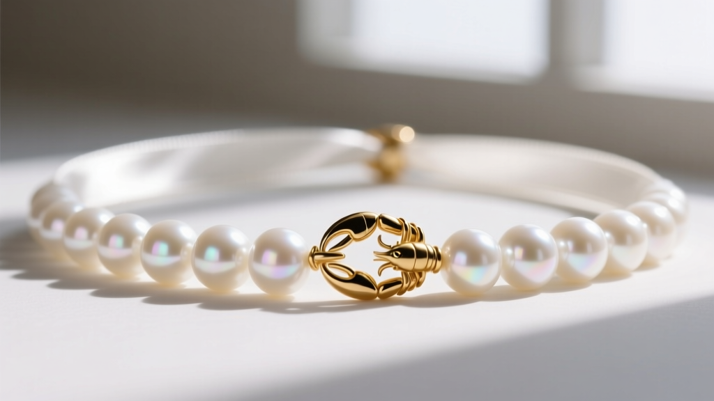 Macro shot of near-round 7mm white freshwater pearls on white silk thread with a 14k gold-filled lobster clasp against soft light