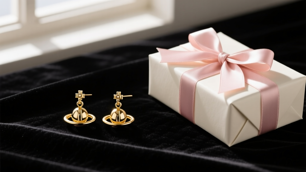 Gold-tone Vivienne Westwood orb drop earrings resting on black velvet next to a wrapped gift box and a delicate silk ribbon