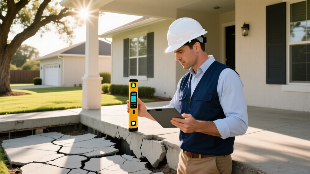 Structural engineer inspecting a cracked concrete slab foundation in a Texas suburban home while holding a digital laser level and tablet.