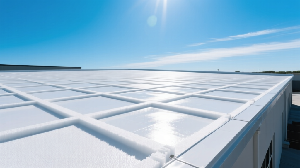 Commercial flat roof being sprayed with white elastomeric silicone coating over rigid polyurethane foam insulation on a sunny day