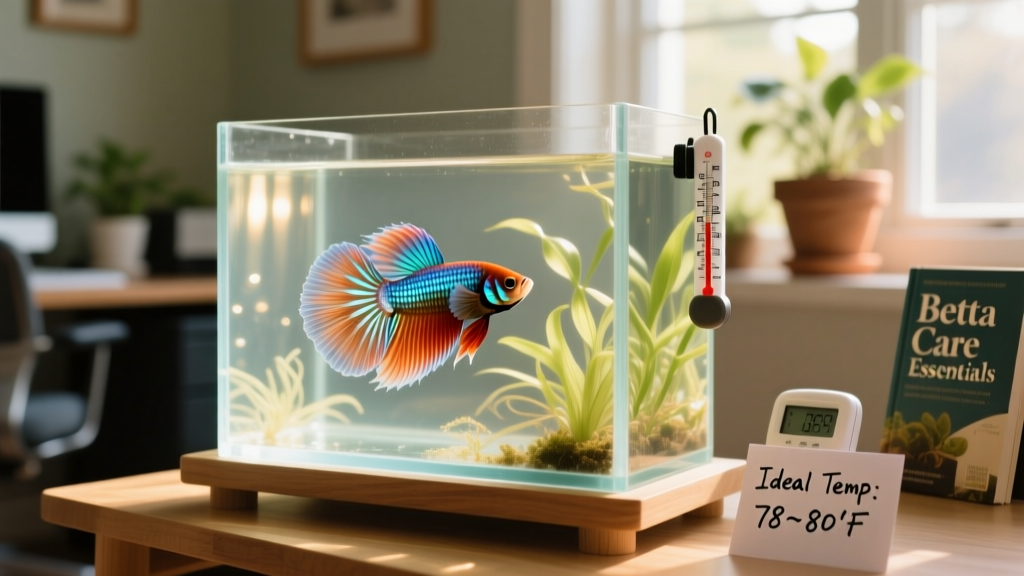 A vibrant betta fish swimming gracefully in a well-maintained aquarium with clear water and gentle plants