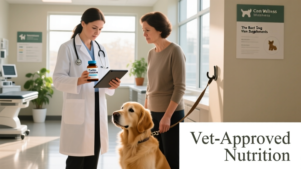 Veterinarian holding a tablet bottle and reviewing lab results with a dog owner in a clinic setting