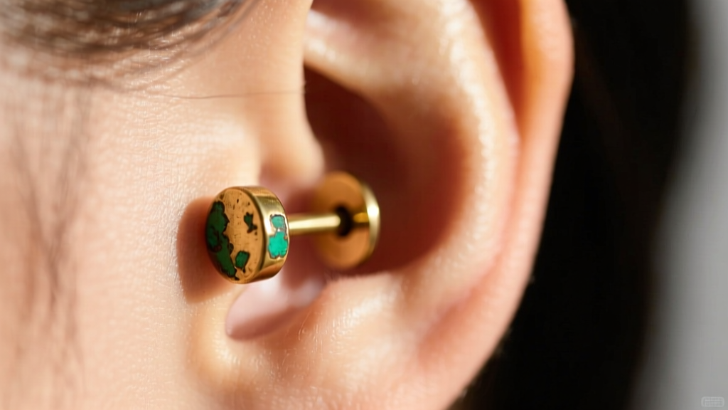 Close-up of an earlobe wearing a brass stud earring with visible green oxidation on the skin and metal post in soft light