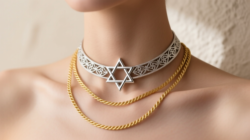 Delicate 925 sterling silver Star of David choker layered with a longer 18k gold rope chain resting on a bare collarbone.