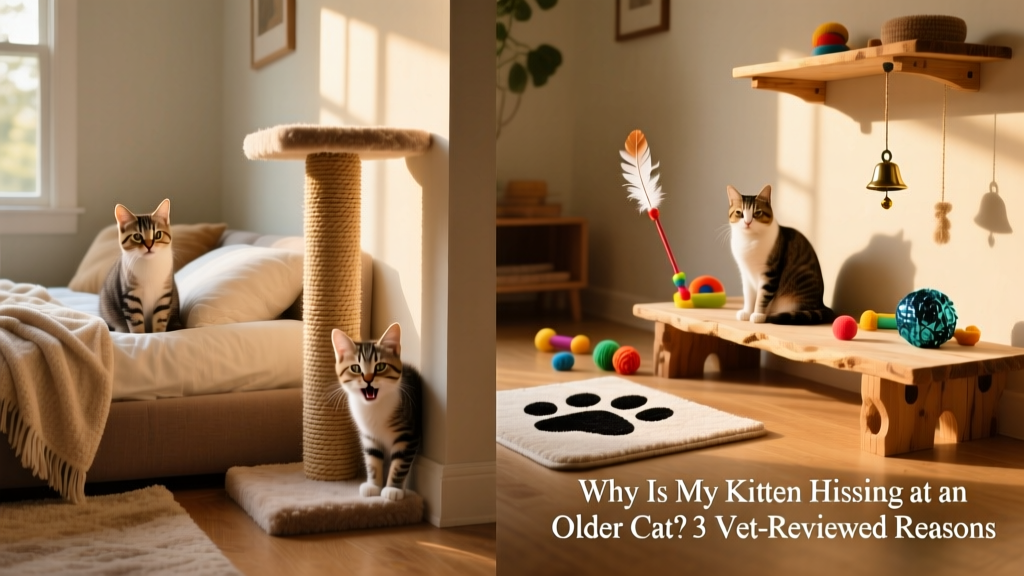 Two separate cat zones in one living room: one with a cozy bed and scratching post, the other with toys and a low perch