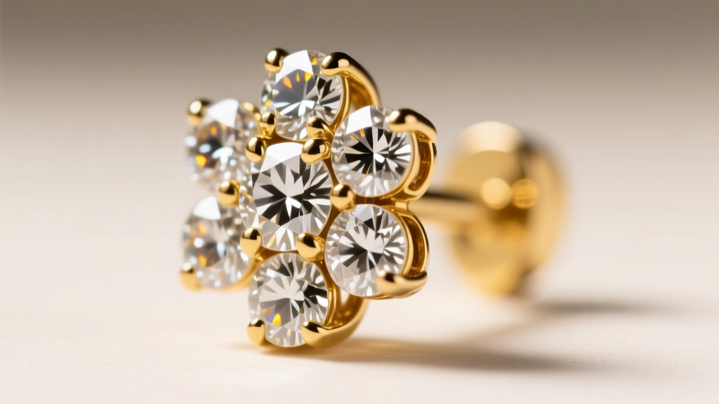 Macro view of a gold cluster diamond earring with seven round melee stones in a shared prong setting under bright studio lights.