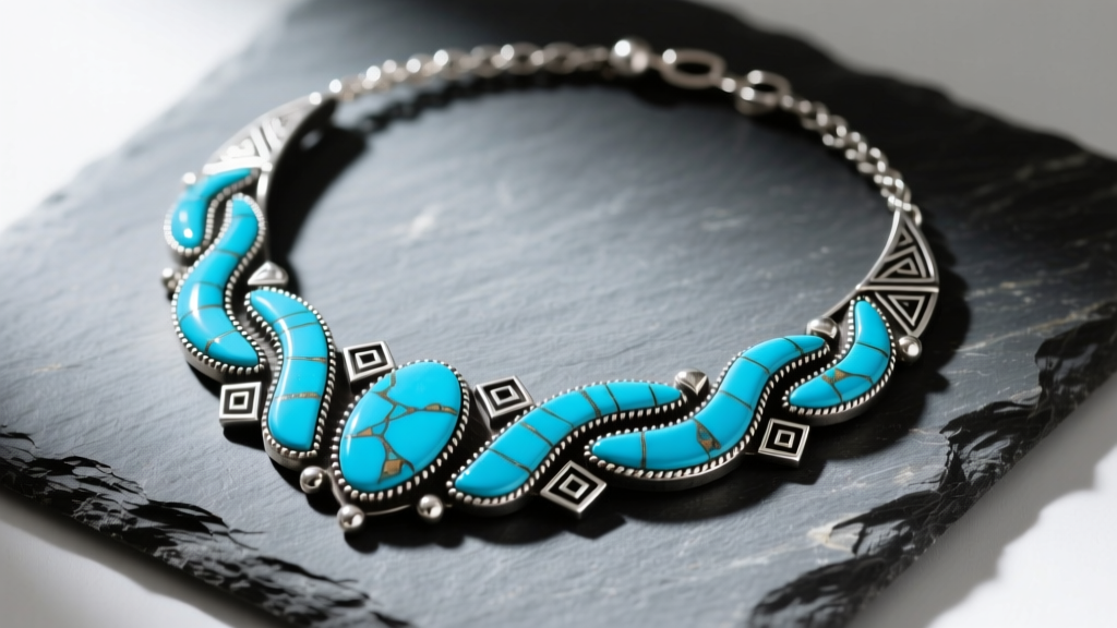 Top-down view of a Zuni turquoise inlay necklace on slate, showing vibrant blue stone channels and polished sterling silver metalwork.
