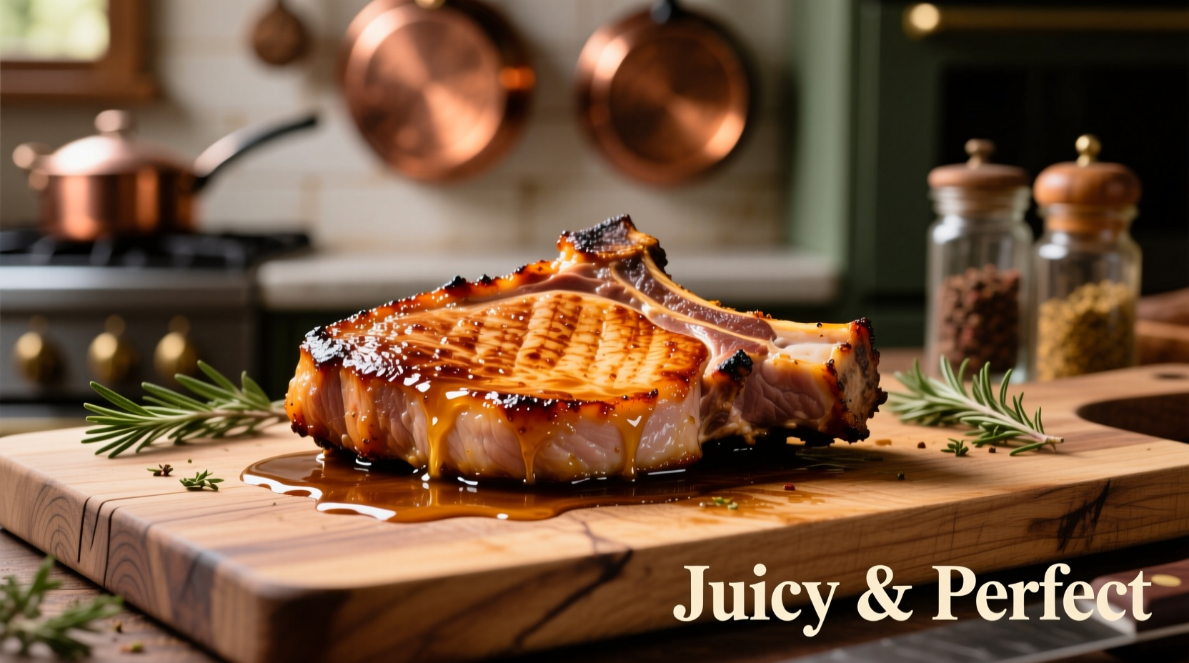 Juicy pork chops resting on cutting board
