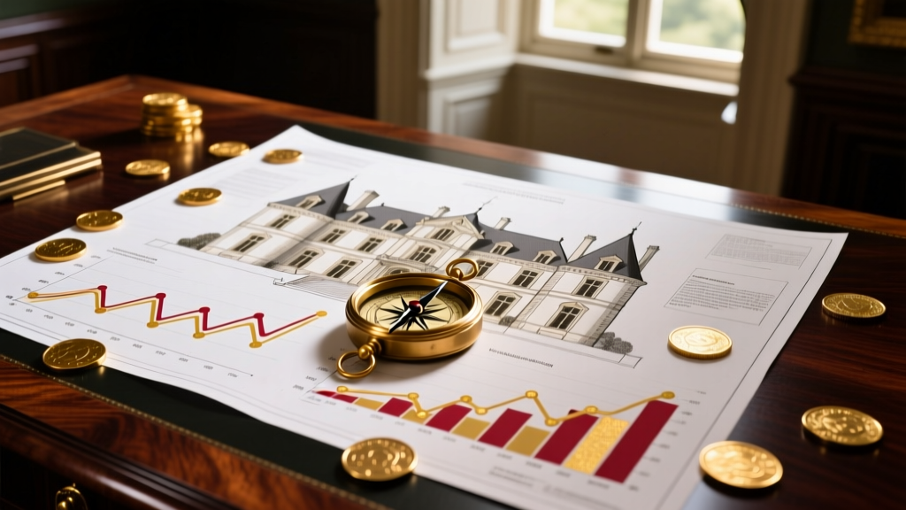 Chateau mansion blueprint overlaid with financial charts, gold coins, and a vintage brass compass on a dark mahogany desk