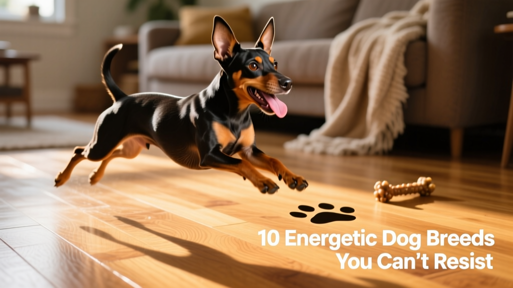 Miniature Pinscher mid-zoomie on a sunny hardwood floor