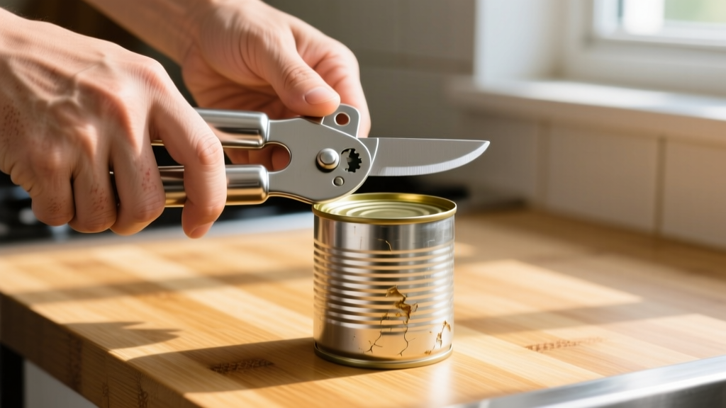 Close-up of hands using a stainless steel smooth-edge manual can opener on a recycled aluminum soup can on a bamboo kitchen countertop