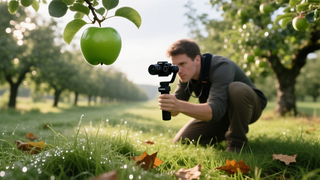 Photographer holding a DJI Osmo Mobile 6 gimbal low to the uneven grassy ground of an apple orchard to track a hanging green fruit