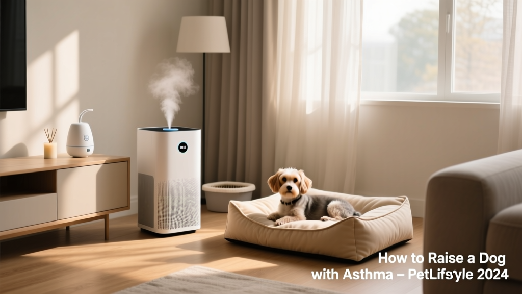 Well-organized, clean living space with HEPA air purifier, quiet humidifier, hypoallergenic dog bed, and no visible scented products or litter boxes—showcasing an asthma-friendly home setup