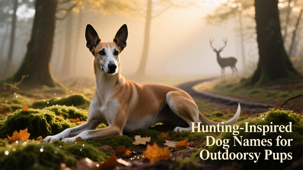A sleek female hound resting alertly on a mossy forest floor, ears perked