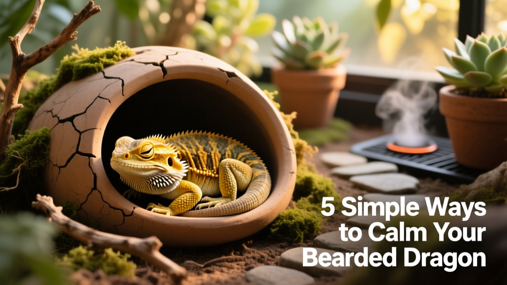 A bearded dragon nestled inside a natural-looking ceramic hide in its terrarium