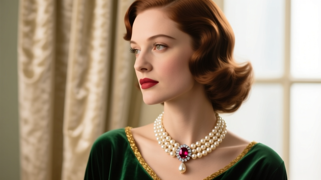 A vintage-style portrait of a woman wearing a massive pear-shaped pearl necklace with a ruby and diamond clasp, softly lit.