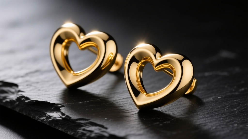 Close-up of 3D domed 18k yellow gold elevated heart earrings on dark slate, highlighting polished curves and soft studio lighting.