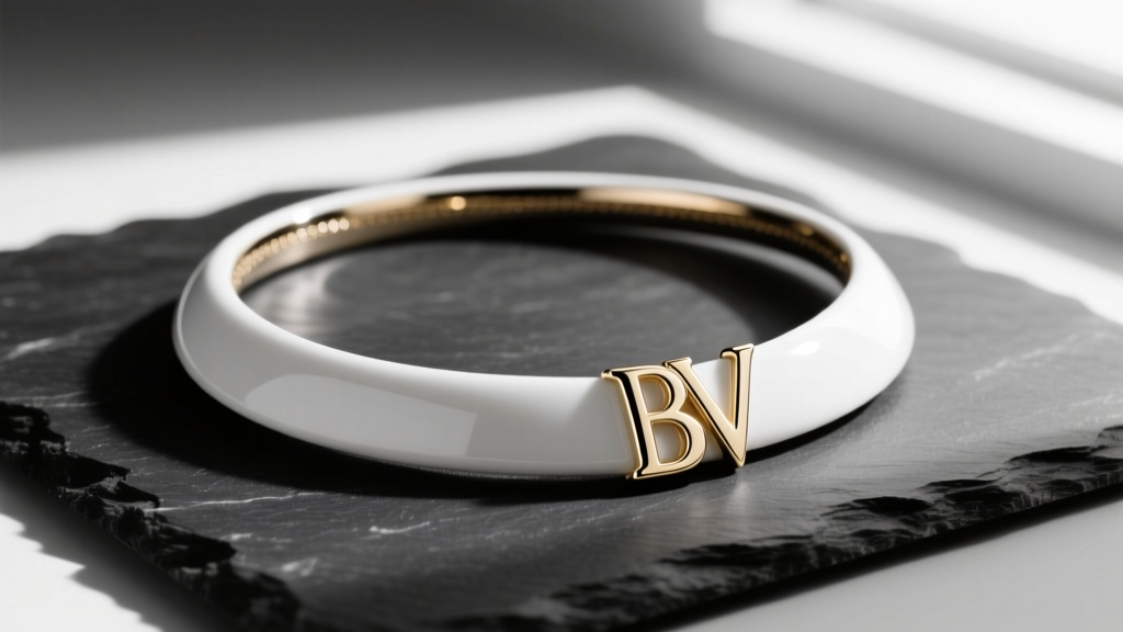 Side profile of a white ceramic and 18k white gold BV necklace on dark slate, highlighting matte and reflective surface textures.
