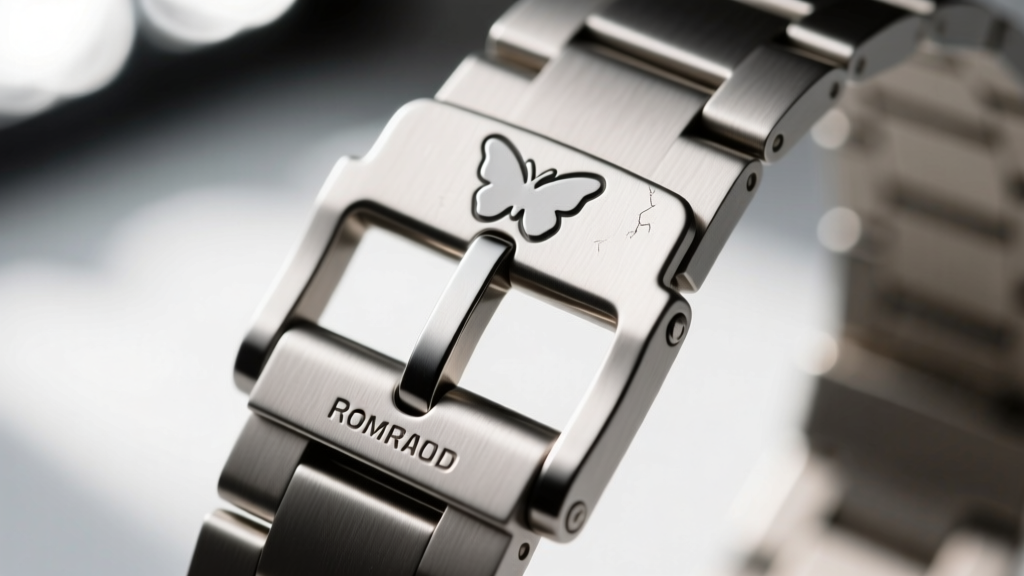 Macro shot of 316L steel butterfly clasp on a Nomad Titanium watch band showing zero micro-scratches after heavy daily wear