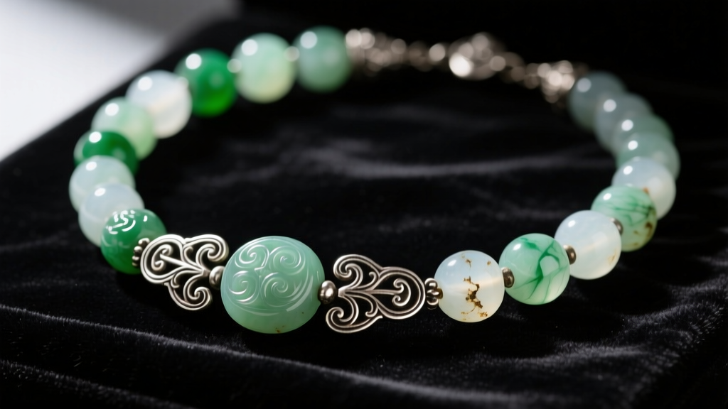 Close-up of a Qing dynasty antique Chinese necklace with carved jadeite beads and tarnished silver filigree clasps on dark velvet