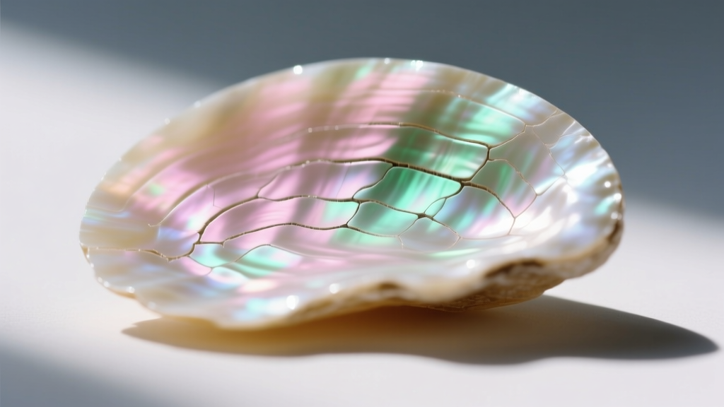 Macro photo of genuine mother of pearl showing natural growth striations and subtle iridescent flashes of pink and green hues.