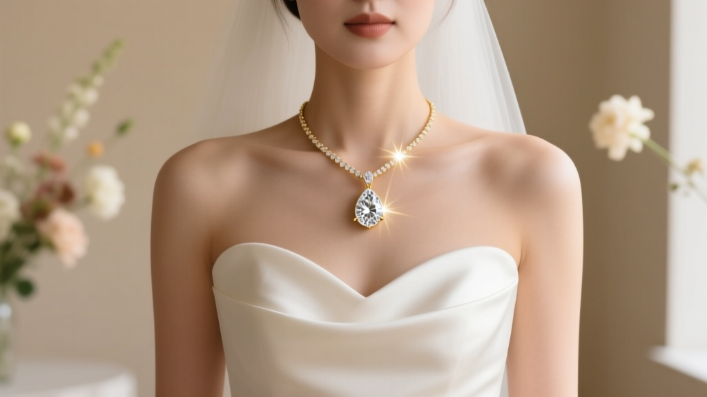 Bride wearing a delicate 18-inch 14k gold pear-shaped diamond pendant framing a white silk sweetheart neckline wedding dress