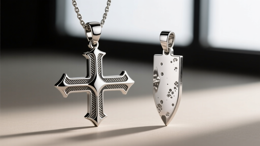 Macro shot comparing the crisp crossguard details of a CNC-machined titanium sword pendant next to a cast sterling silver version.