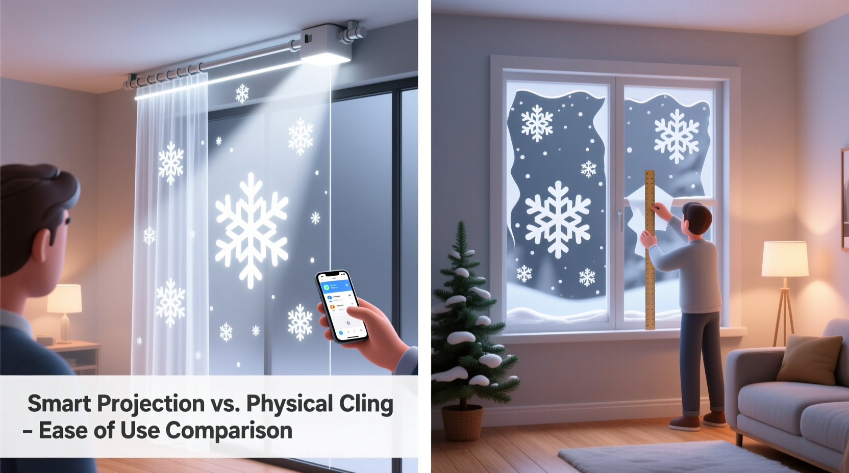 snowflake projection curtains vs physical window clings ease of use
