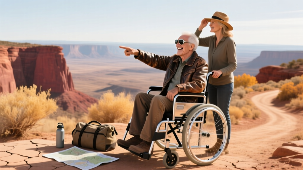 Jim, a senior traveler in a wheelchair, and his wife traveling America together